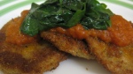 Eggplant Schnitzel with Homemade Pasta Sauce and Sauteed Spinach